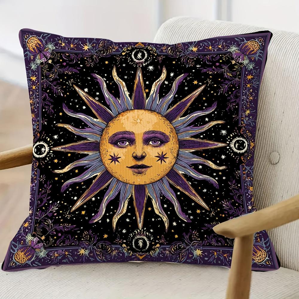 1Pc Mystic Sun Moon Stars Pillow Cover, Polyester 2D Double Sided Print Cushion Case, Celestial Sun Face Throw Pillowcase, Magic