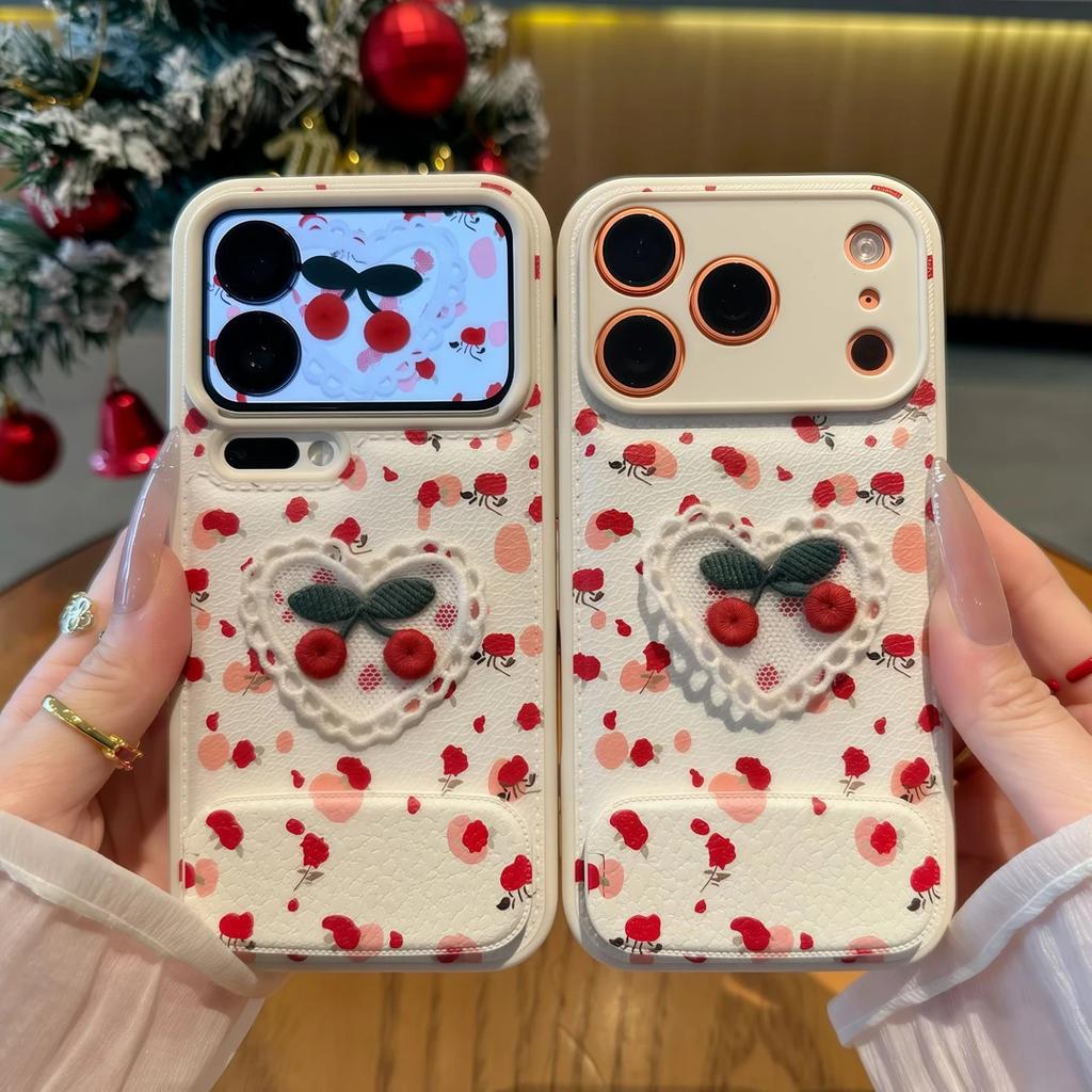 Embroidered love cherry bracket is suitable for Apple 16/17Pro mobile phone case IP15 candy air cushion 14 all-inclusive 13 women