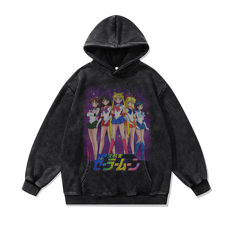 Japanese Dark Cartoon Digital Direct Injection Printing Hoodie Retro 430G Pure Cotton Loose Wash Sweater Men