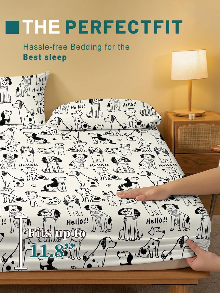 1 Cartoon Cute Animal Dog Printed Matte Fitted Sheet, Bedroom Printed Bed Cover, Bedding (Excluding Pillowcases)