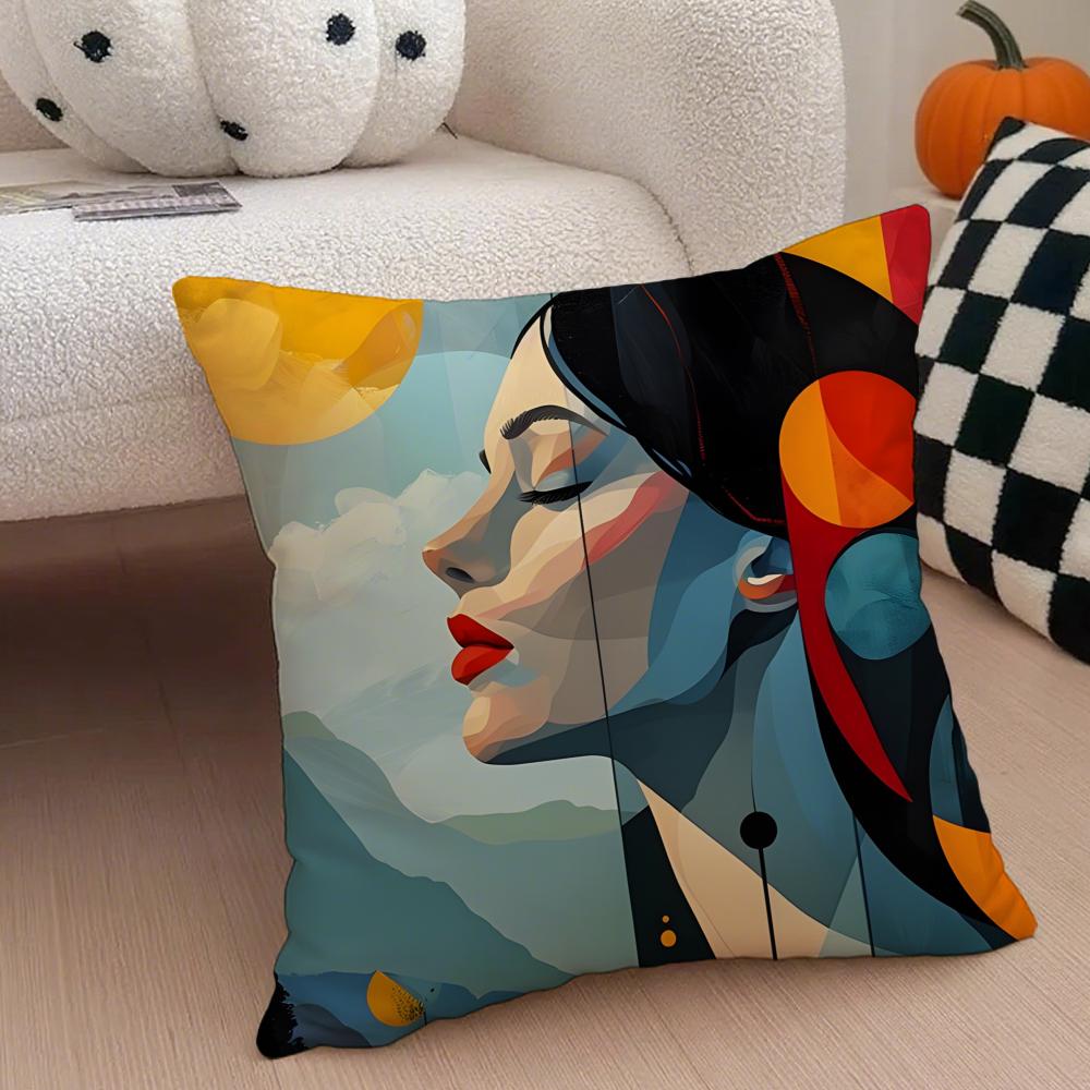 Square Bright Color Flower Girl Art Cushion Cover Throw Pillow Cover Hidden Button Durable Polyester Chair Cushion