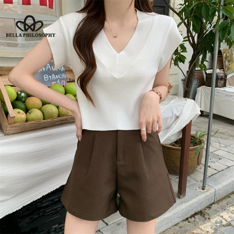 New Summer Solid Color Temperament V-Neck Short Knit Short Sleeve T-shirt Top Female