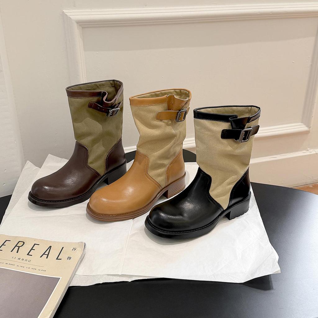 Vintage Color Block Buckle Round Toe Ankle Boots - Women's Mid-Calf Riding Boots, New Fashion