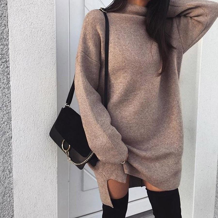 New European and American Leisure Oversized Knit High Collar Pleated Dress for Women