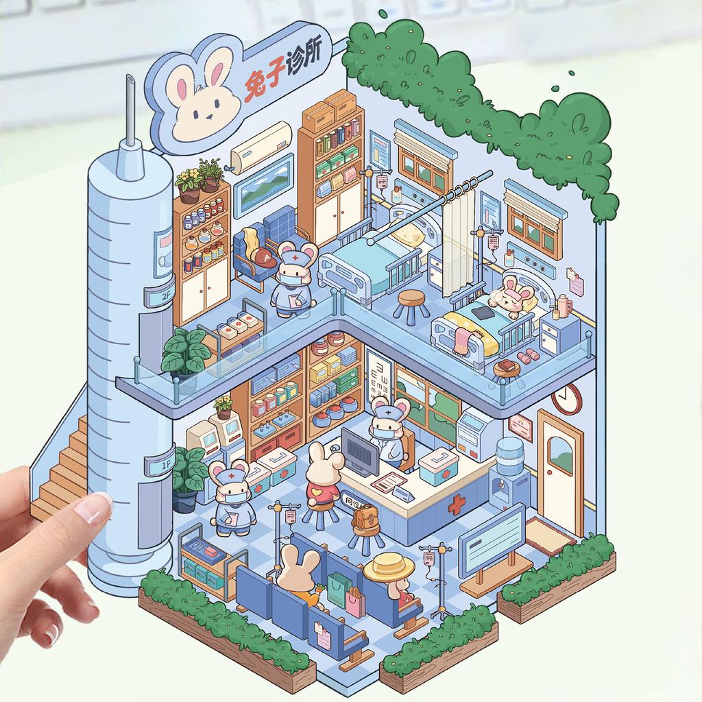 Kreslené krajinné samolepky Vícenásobný miniaturní svět 3D chata Rozbalit DIY scéna Ruční příspěvek