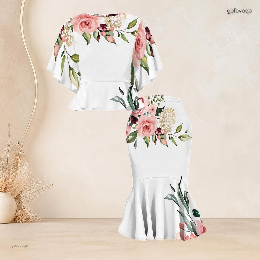 Women Plus Size Two Piece Skirt Set Round Neck Batwing Short Sleeve Floral Printed White Ruffle Hem Top Fishtail Skirt