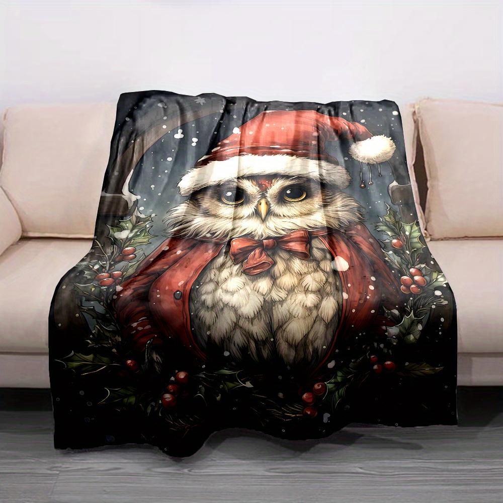 Christmas Owl Print Soft Flannel Throw Blanket - 100% Polyester Non-Woven, Contemporary Style, Digital Print, All-Season Reversi