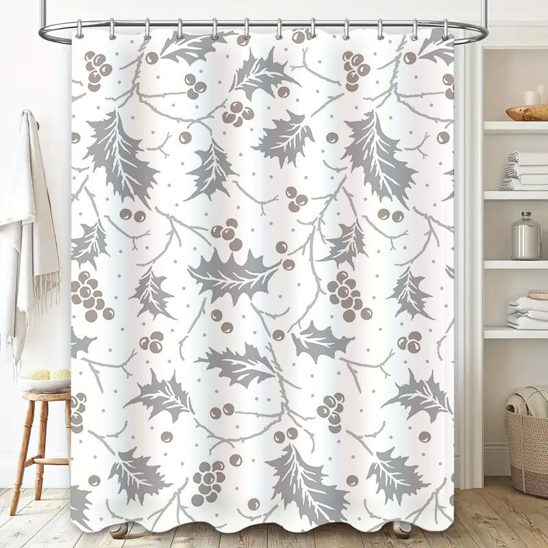 Patterned Shower Curtain with Winter Holly Design White and Gray Fabric Decorative Shower Panels for Bathroom Accessories Home D