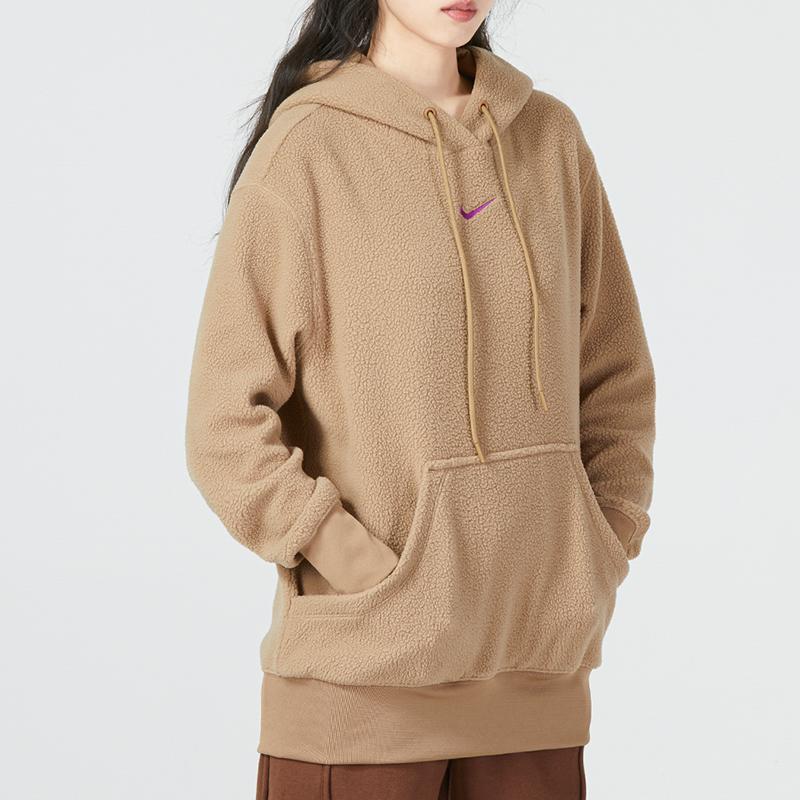 Nike Nsw Plsh Po Hoodie Logo Print Sports Casual Pullover Long Sleeve Sweatshirt Women Hoodies Khaki DQ6841-258
