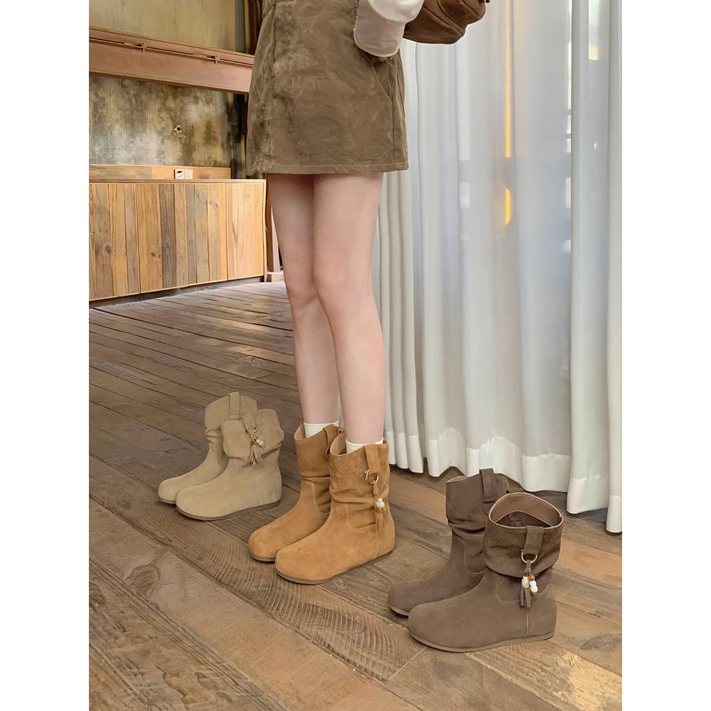 Inner height increase 3cm retro fringed beaded pile small short boots women's bohemian versatile Boken women's shoes boots