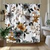 1pc Grey and gold floral patterned shower curtain with hooks, polyester fabric, suitable for bathroom décor.