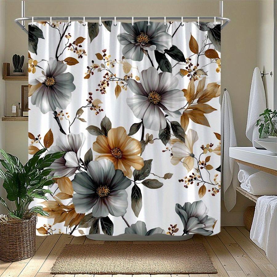 1pc Grey and gold floral patterned shower curtain with hooks, polyester fabric, suitable for bathroom décor.