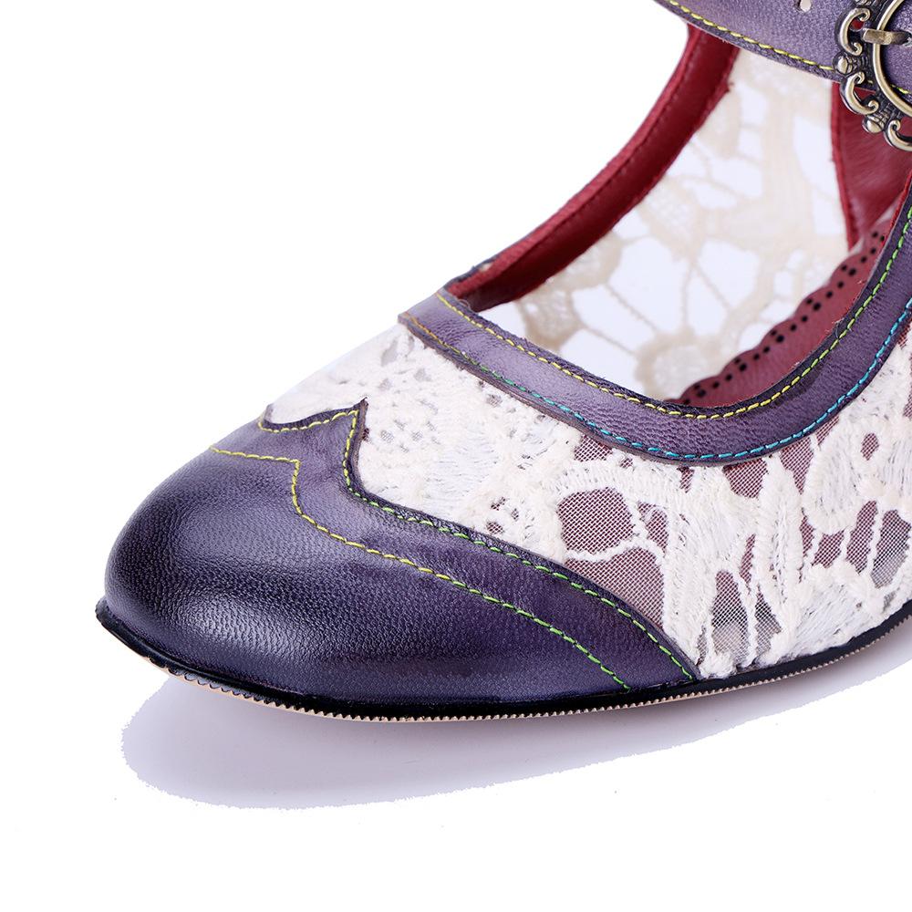 Johnature Women's Shoes Genuine Leather Retro Splicing Lace Comfortable Middle Heel Sandals