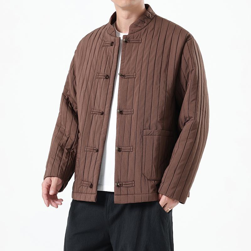 Autumn Men New Chinese Style Jackets Men Thick Warm Soild Color Coat Male Vintage Stripe Black Jacket Man Tang Costume Hanfu