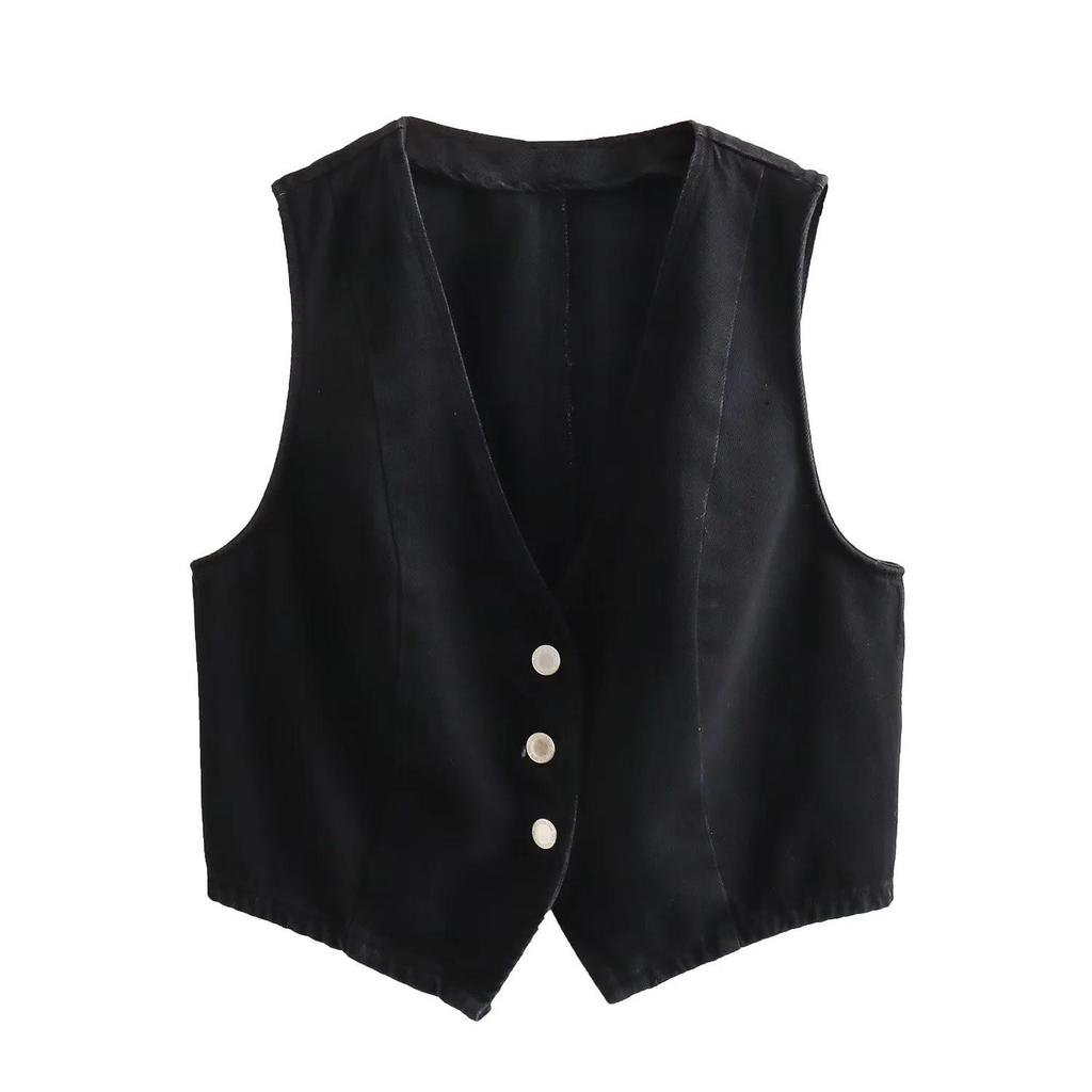 Women's European & American Short Denim Vest + Double Lapel Midi Skirt Set