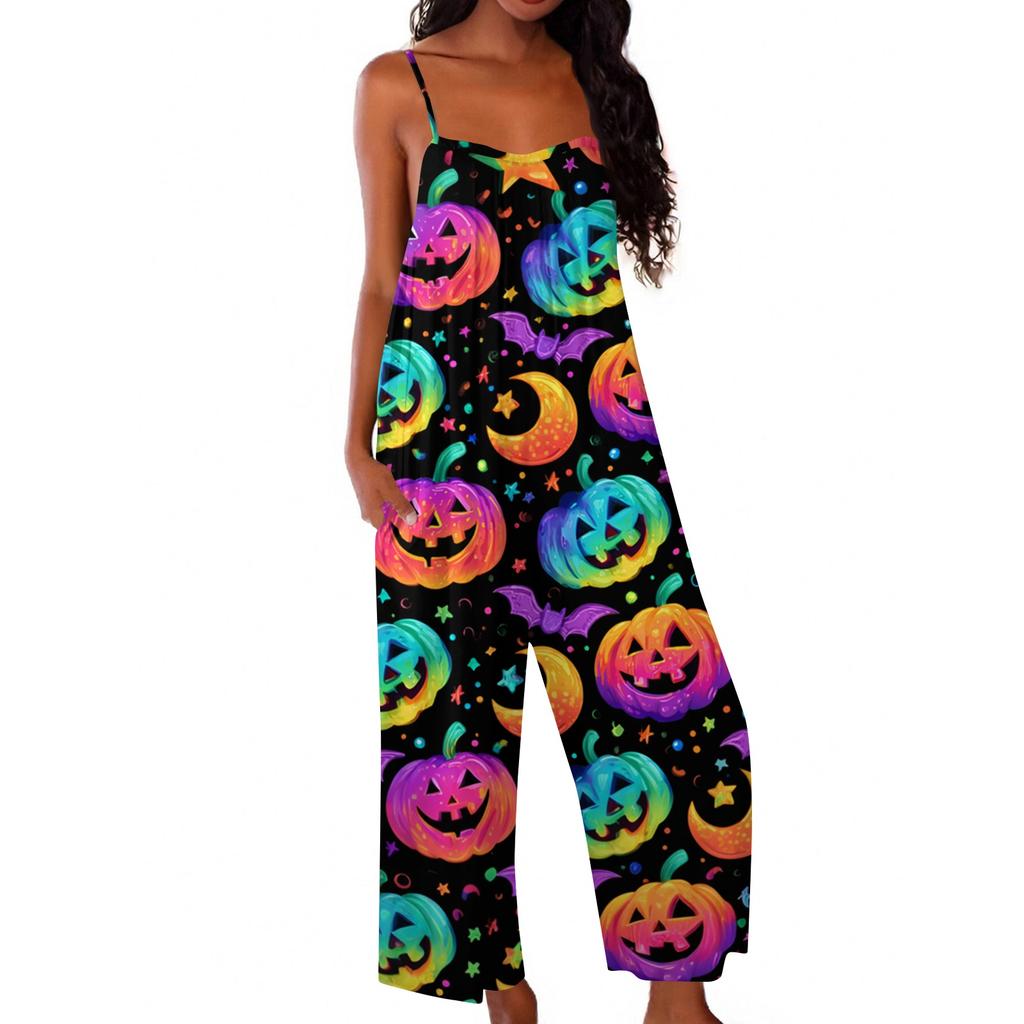 Womens Halloween Print Casual Loose Fit Jumpsuit Spaghetti Strap Wide Leg Romper One Piece Outfit for Everyday Wear