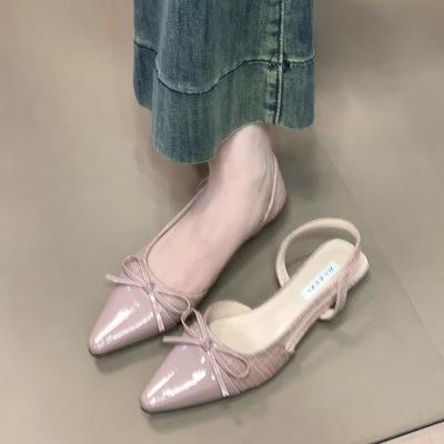 Gentle Temperament Shallow Mouth Single Shoes 2025 Summer New Bow French Back Empty Splicing Bag Head Sandals with Skirt