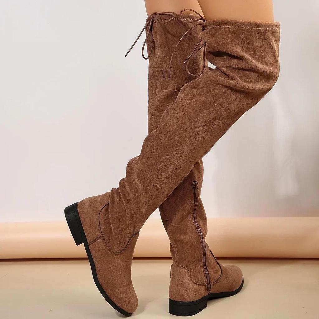 Faux Suede Female Thigh Gigh Boots Women New Autumn Zipper Elastic Knee-high Boots Woman Tube Lace-up Botas Mujer Size 43
