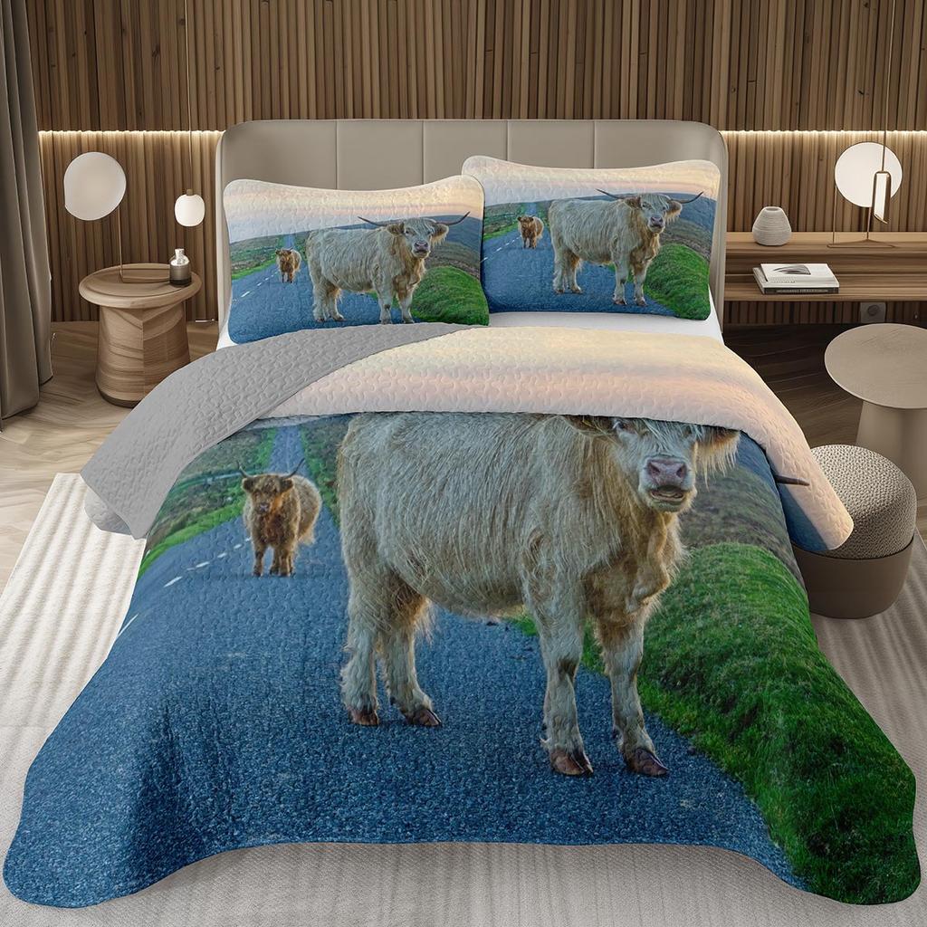 Hochlandkuh Tagesdecke Twin/King Bauernhoftier Stier Rind Überwurf Rustikaler Landhausstil Gestepptes Bettwäscheset Wendbare Tagesdecken