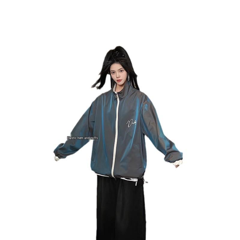 Unisex Retro Reversible Color Print Windbreaker Jacket 