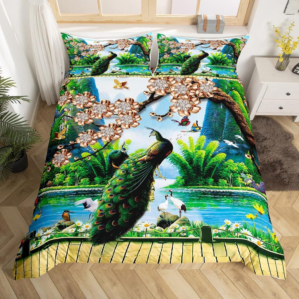 Floral Peacock Comforter Set Twin King Full Size, Bedding Set for Kids,Quilt Cover Peacock Duvet Set Girl Bedroom Decor 3 Pieces
