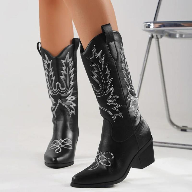 High Quality Block Heels Mid-calf White Cowboy Boots Luxury Shoes Women Vintage Country Concert Western Boots Botas Para Mujer