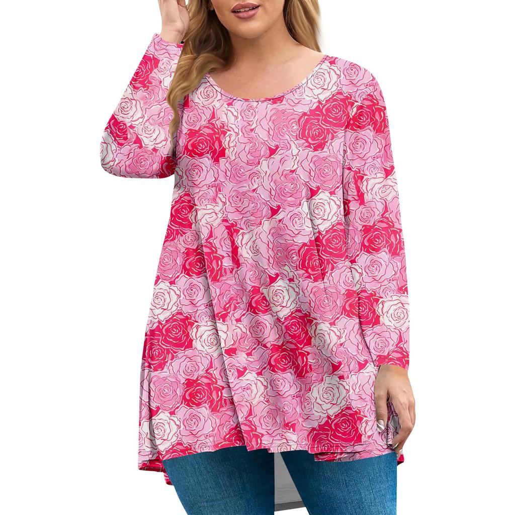 Women's Plus Size Top, Garden Collar Long Sleeved Shirt, Fashionable Floral Print Casual Top