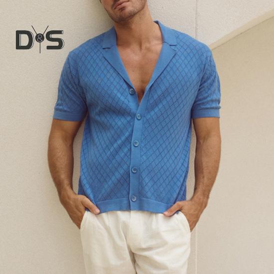 Herren-Jacquard-Strickhemd, kurzärmelig, Button-Down-Oberteil mit kubanischem Kragen, Rautengittermuster, Freizeithemd für den Alltag, Partys, Reisen