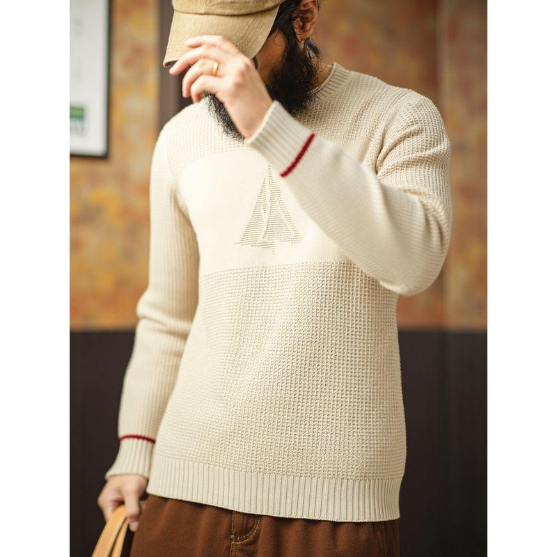 American Old Money Style Light Luxury Pure Cotton Round Neck Jacquard Sweater for Men, Winter Base Layer, Export Men's Clothing, All-Cotton Knitwear