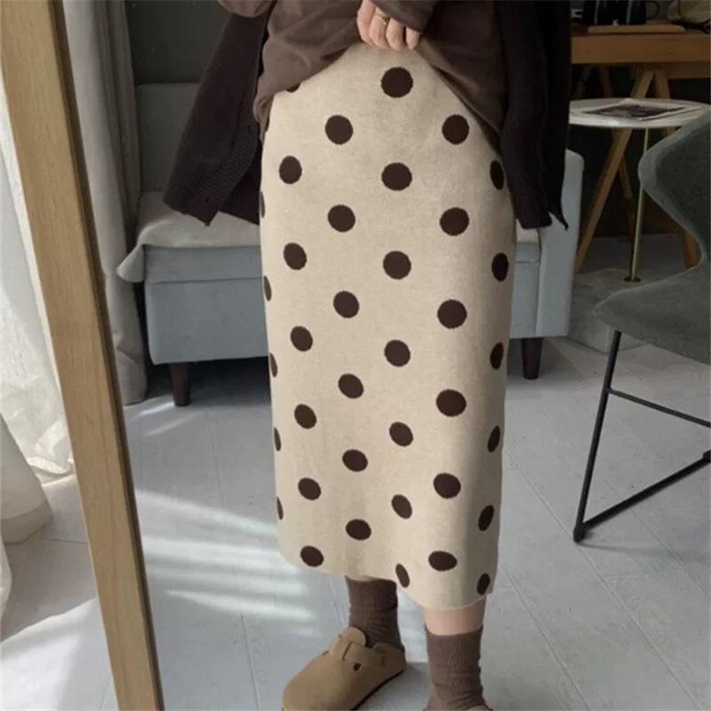 Women's Polka Dot High-Waist Knit Skirt - Autumn/Winter Trendy Mid-Length Wool Split Design