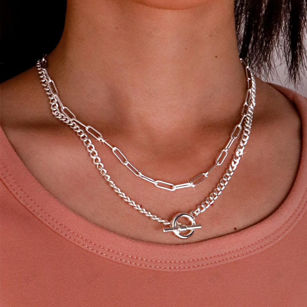 European and American Hip Hop OT Buckle Paperclip Necklace Trendy Twist Chain Double Layer Stacked Collarbone Chain Jewelry