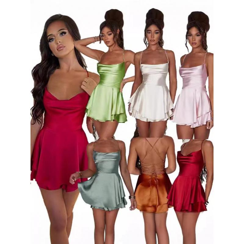 Satin Silk Women Sexy Cami Playsuits Dress Solid Cowl Neck Sleeveless Short Jumpsuits Summer Cross Tie-Up Backless Romper