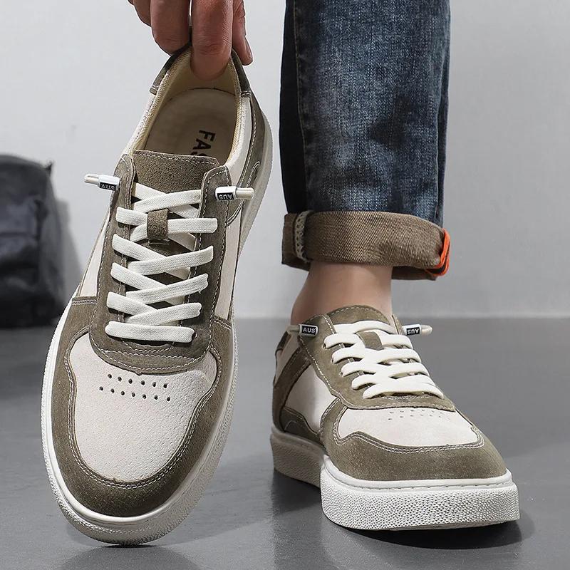 New Fashion Men Genuine Leather Casual Shoes Suede Flat Skate Shoes Young Man Lace-up Loafers