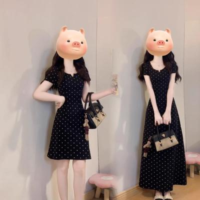 Plus Size Black Polka Dot V-Neck Short Sleeve Summer Dress with Square Neckline and Waist-Cinching Long Skirt