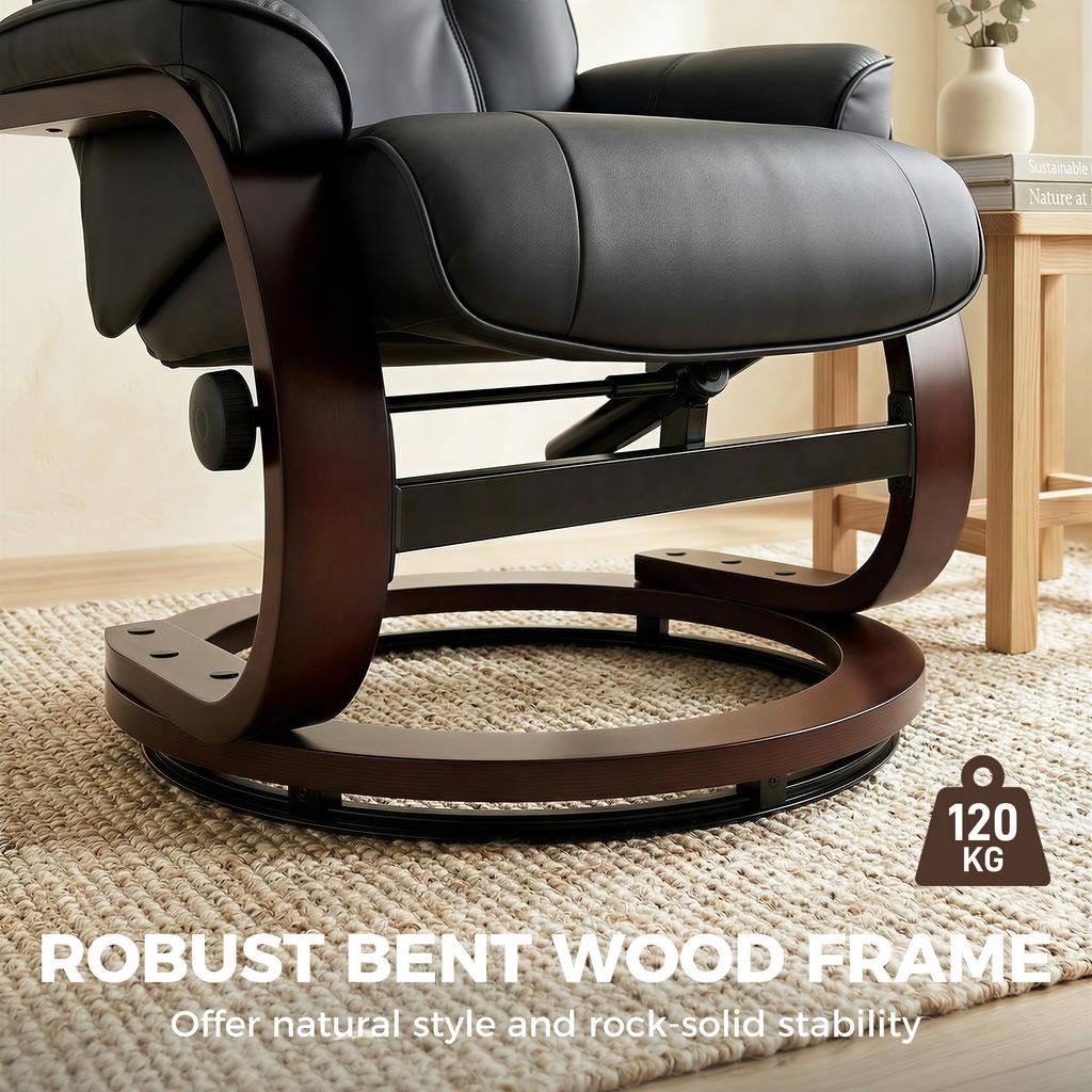 Swivel Recliner Chair With Footstool PU Leather Recliner Armchair With Adjustable Back And Wood Frame Black