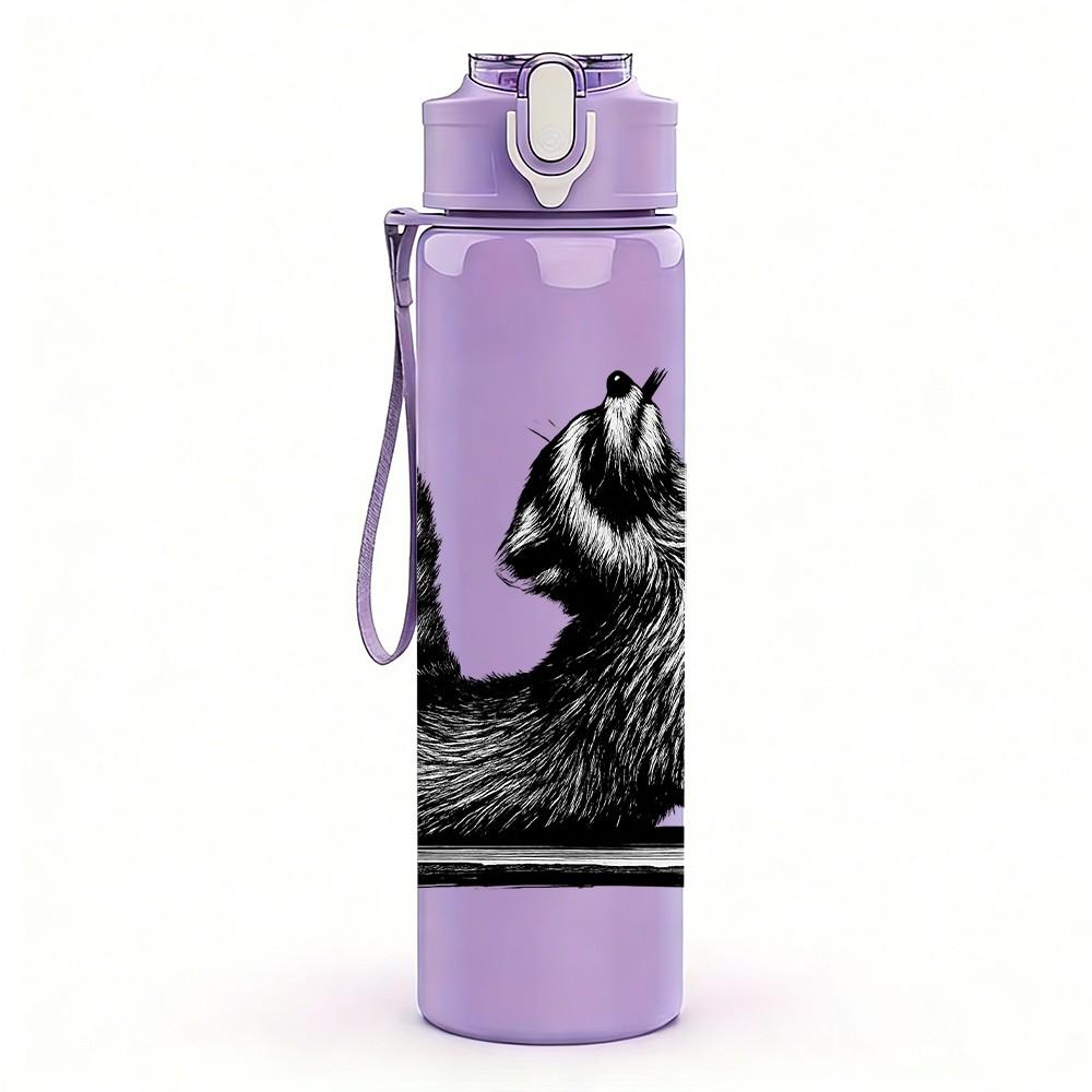 1PC Striped Fluffy Raccoon 750ml Color Plastic Sports Water Bottle Leakproof Flip Straw Lid Suitable for Sports Office Home Use