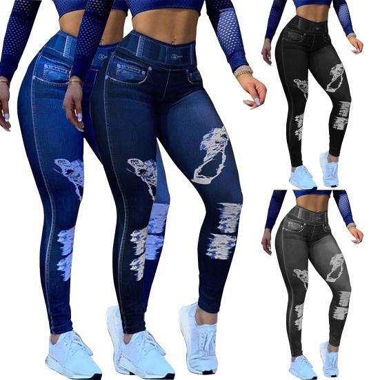 Pantaloni in Finto Denim Colore Unico Super Elastici Autunno Inverno Graffiati Colore Puro per Yoga
