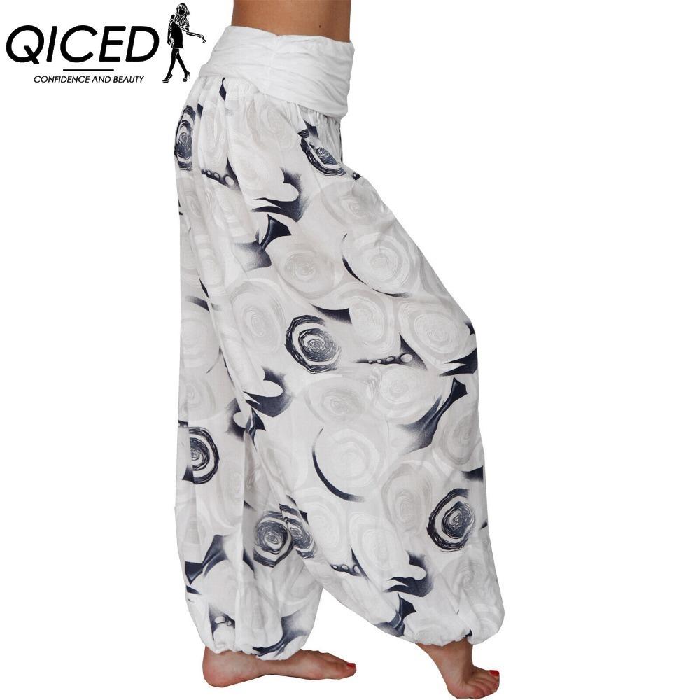 

QICED Женские повседневные брюки больших размеров с принтом, 15 цветов, эластичная талия, прямые, свободные, длинные штаны гаремы S белый