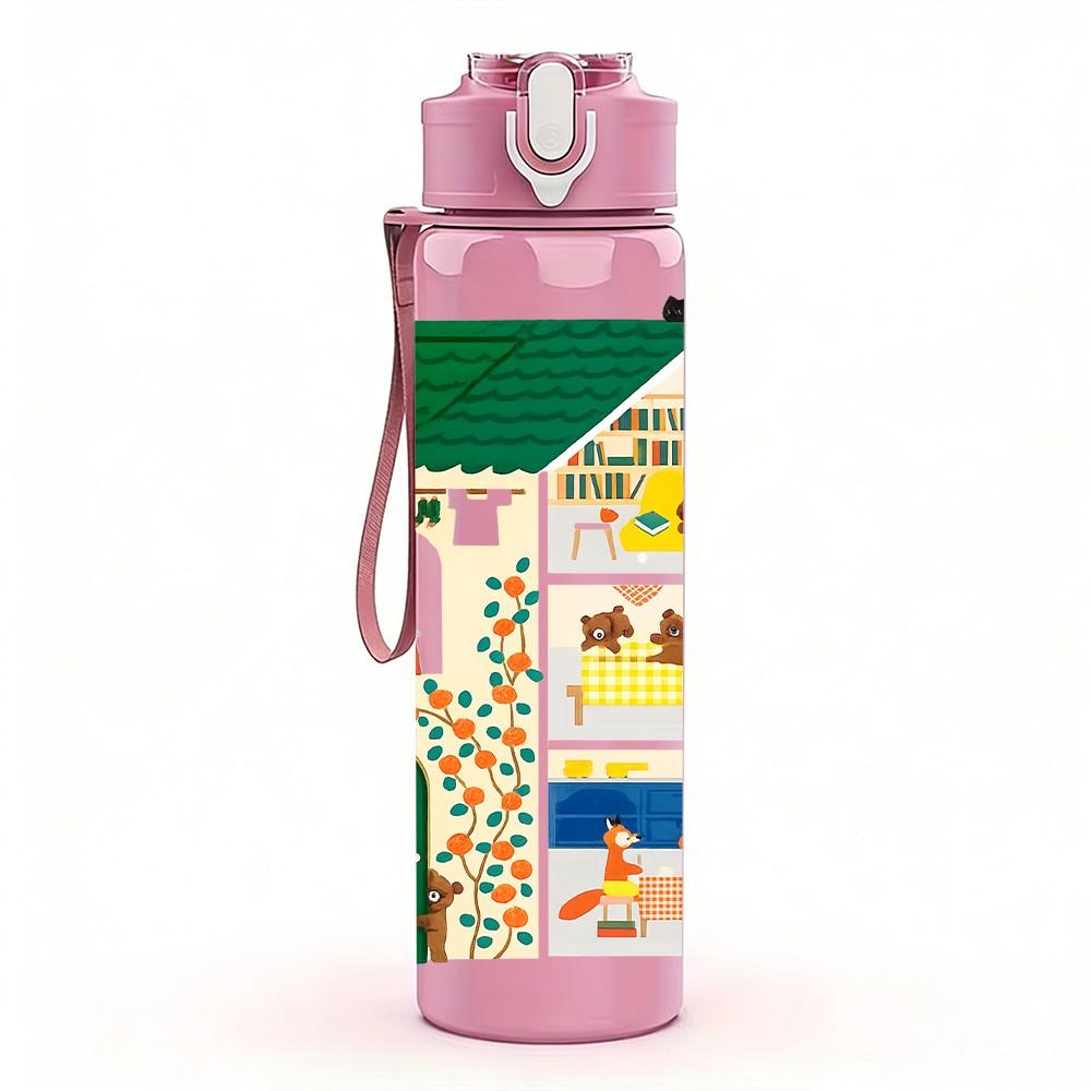 1PC Green Frame House Print 750ml Color Plastic Sports Water Bottle Leakproof Flip Straw Lid Suitable for Sports Office Home Use