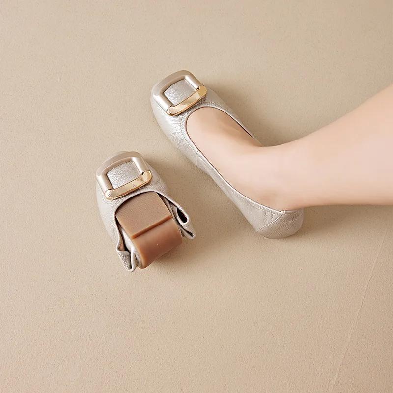 Fashion Genuine Leather Women's Flat Shoes Women Buckle Round Toe Slip on Ballet Flats Lazy Loafers Moccasins Ladies Casual Flats Shoes