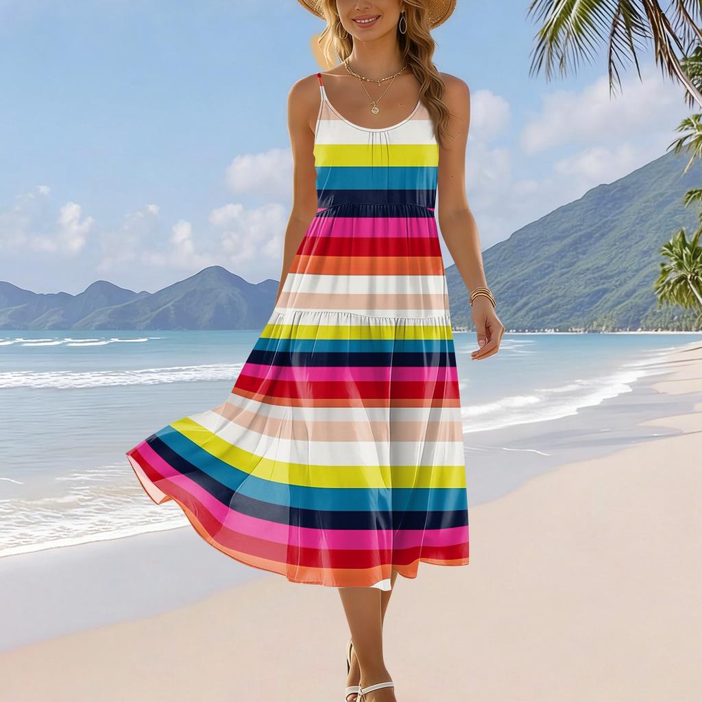 Women's Summer Fashion Printed Pocket Adjustable Shoulder Strap Bohemian Leisure Beach Resort Strap Dress