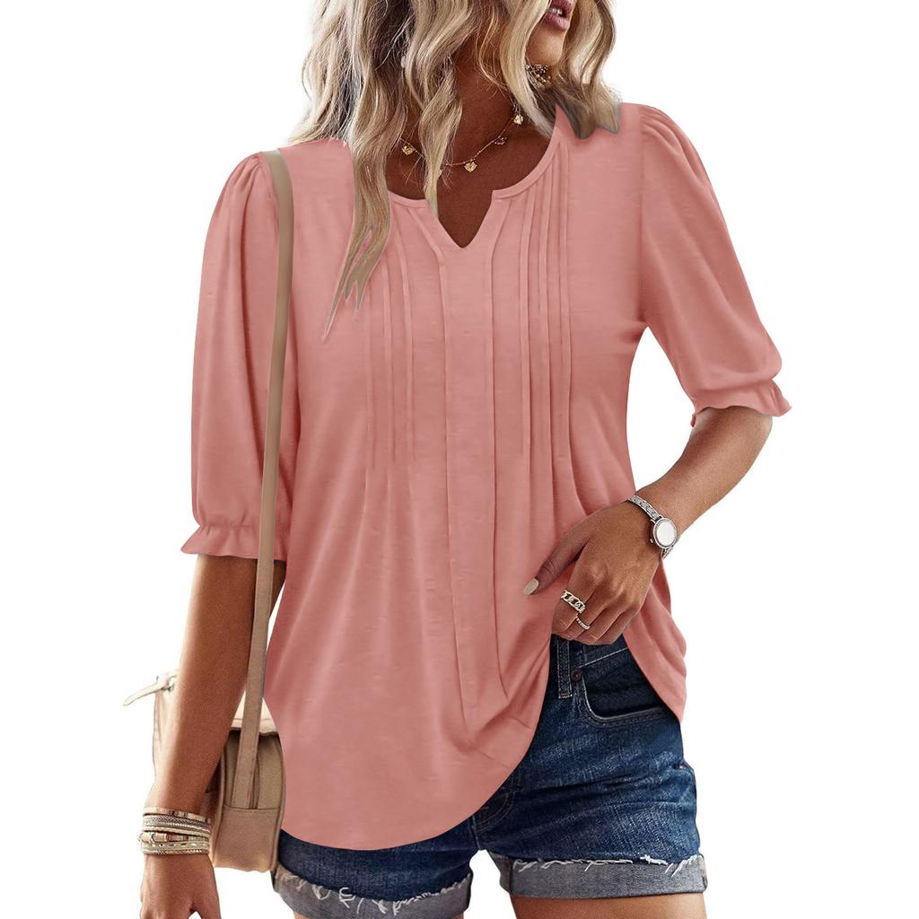 Women's Fashion Casual V-Neck Button-Front Pleated T-Shirt With Short Sleeves In Solid Color