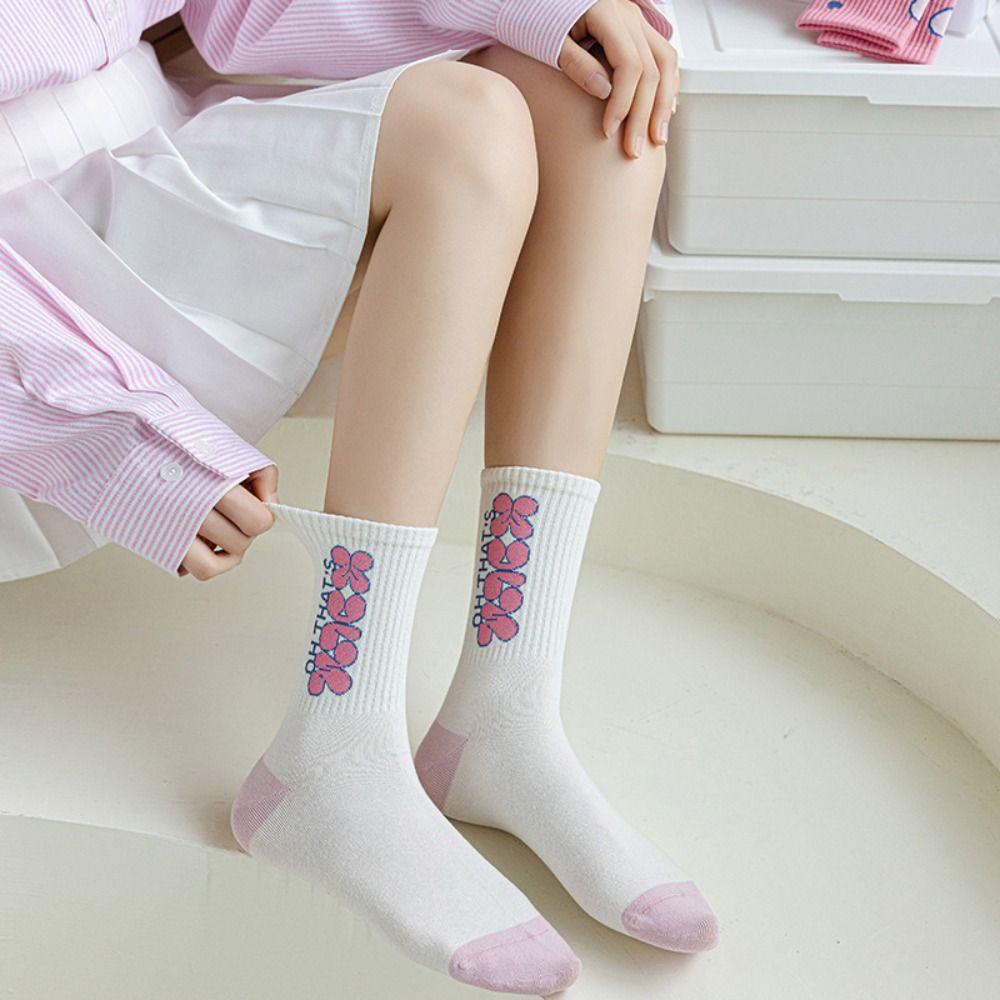 

5Pairs Heart Mid Tube Socks Stripe Cherry Socks Women Fashion Flower Cotton Socks Lady 5pairs