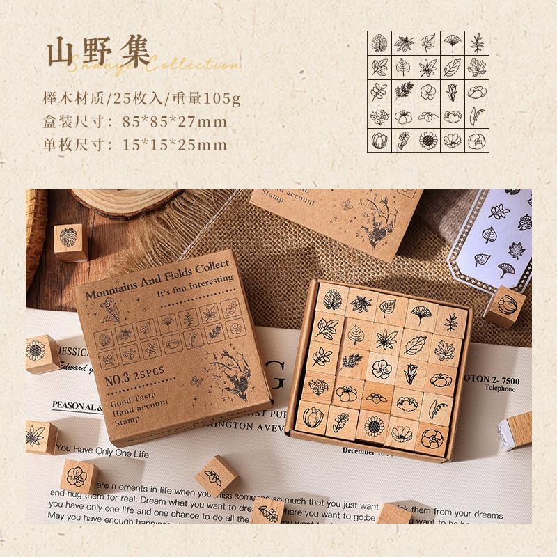 Journal GO 25pcs/set Cute Stamp Wooden Rubber Stamps Lovely Vintage Craft Stamps Set for Diy Scrapbooking Planner Card Making