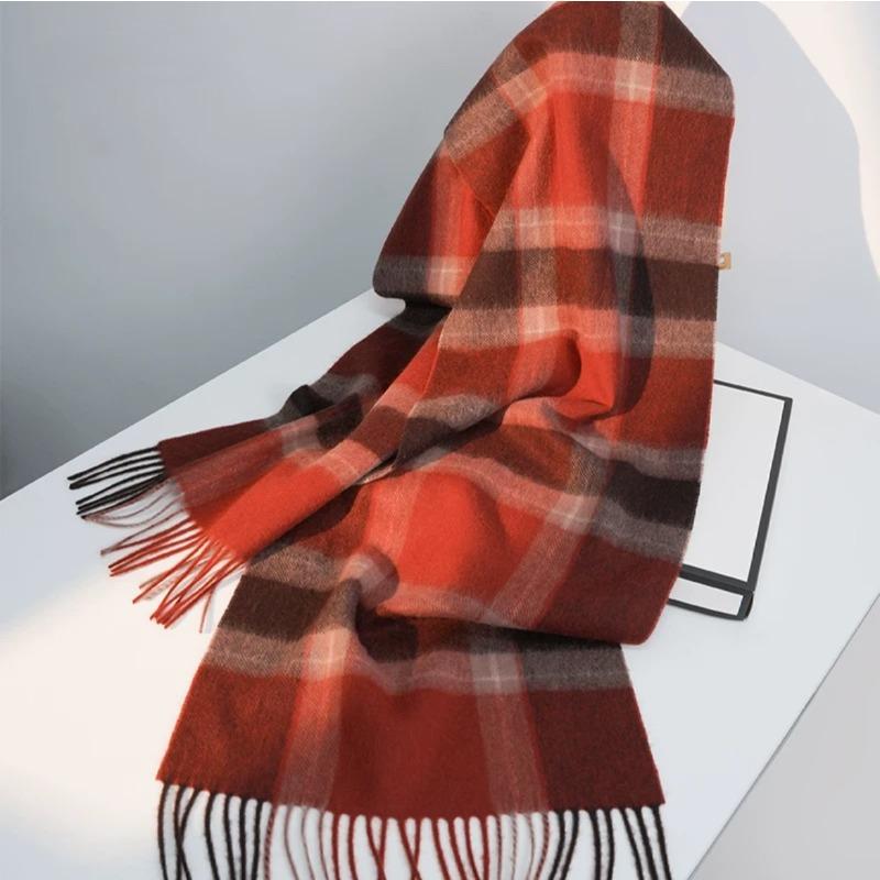 New Wool Warm Scarf for Women in Color Blocked Plaid Scarf Long Tassel Scarf Thickened and Warm