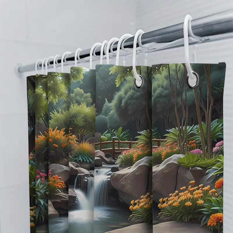 3D Printed Shower Curtain Garden Waterfall Design with Vivid Flowers Rockery Waterproof Bath Decoration for Home Decorations.