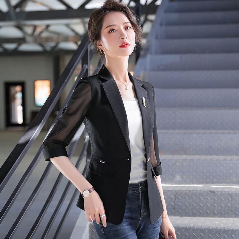 Thin Spring Summer Office Lady Fashion Notched Business Casual Pocket Solid Skinny Simple Three Quarter Sleeve Women's Clothing