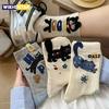 Zufälliges 3-Paar Cartoon-Katzen Mittelhohe Socken für Damen, Frühling/Herbst Stil, mit Niedlicher Beschriftung, Ins-Stil, Vielseitige Socken