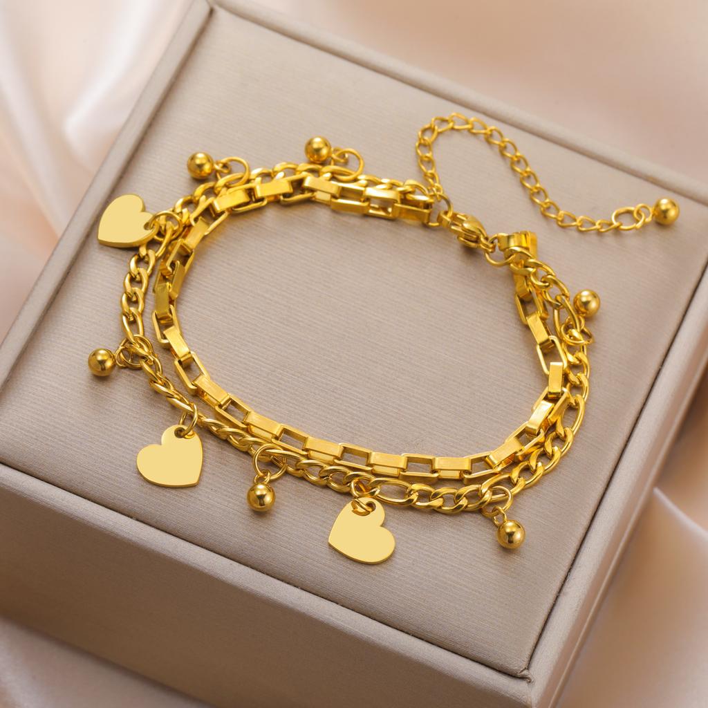 Heart Clear Zircon Charm Bracelet Stainless Steel Gold Women Figaro Chain Bracelets Jewelry Gift