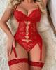 European and American Large Size Bra Set Lace Sexy Pajamas Deep V Splicing Hollow Perspective Slim Onesie Women